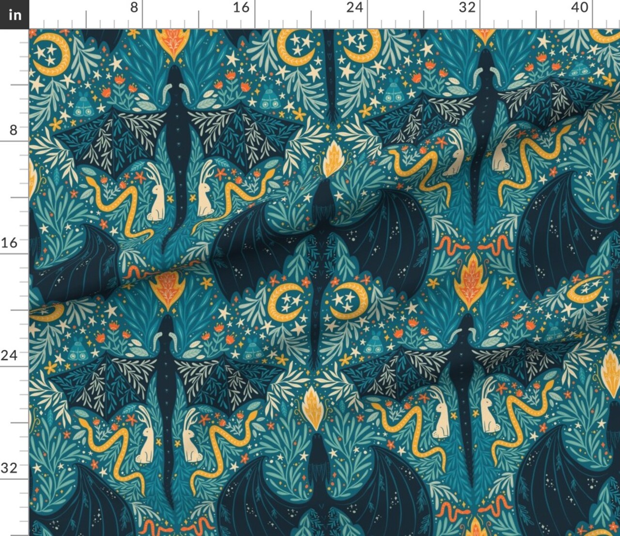 Folk Dragons Fairy Tale Botanical Kids Room Magical Jackalopes Maximalist Custom Printed Fabric by Spoonflower Various Fabrics by the Yard or Fat Quarter